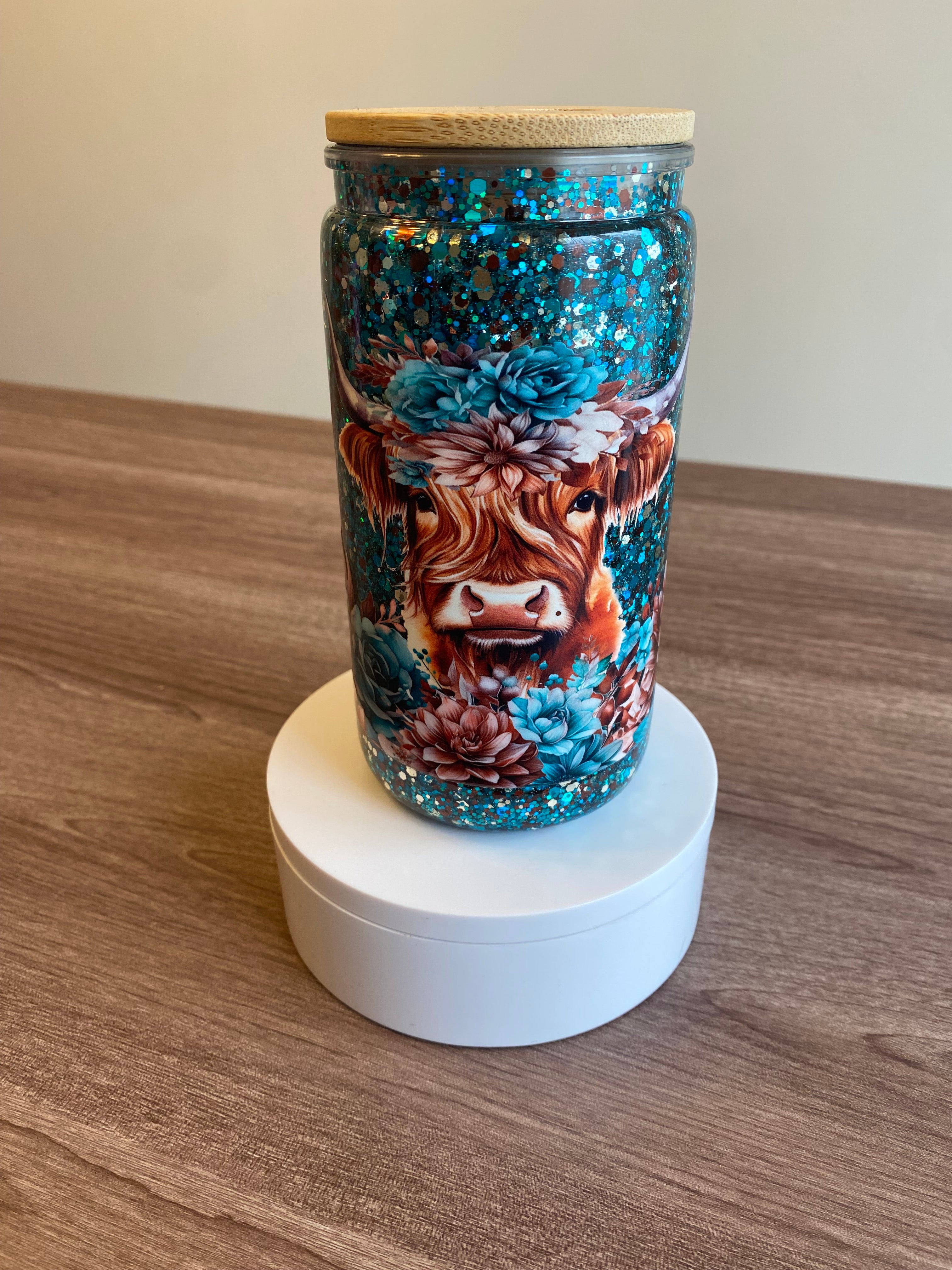 Blue Glitter Cow- 16 oz Libbey Acrylic